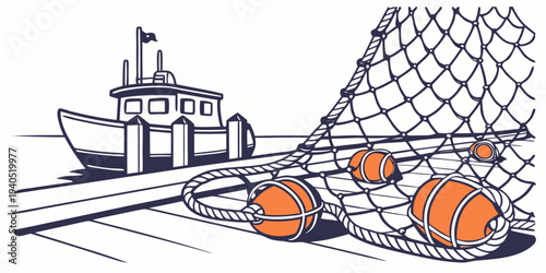 Illustration of a harbor dock with fishing nets and orange buoys alongside a boat