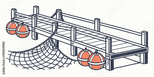 Illustration of a harbor dock with fishing nets and orange buoys moored.