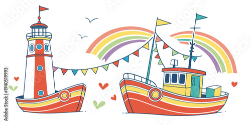 Colorful harbor festival scene with decorated boats, lighthouse, rainbow, and bunting flags.