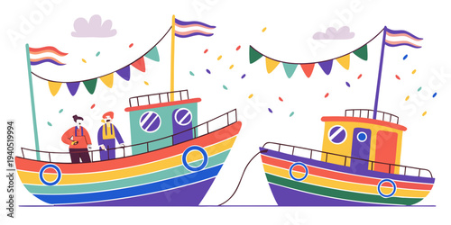 Vibrant harbor festival scene with decorated boats and joyful people celebrating under bright flags and bunting.