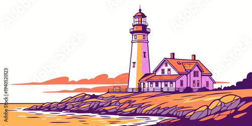 Colorful illustration of a serene coastal lighthouse glowing in warm sunset tones on a rocky shore