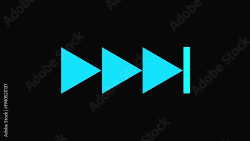 Cyan triple arrow fast-forward and skip to end media player interface button icon isolated on a black background for video editing, multimedia projects, and digital playback control.