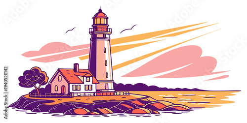 Illustration of a serene harbor lighthouse glowing in warm sunset tones on a coastal island