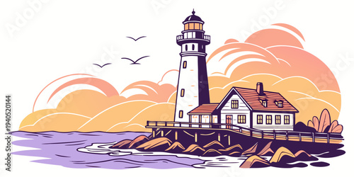 Illustration of a serene harbor lighthouse glowing in warm sunset tones on a rocky coastline