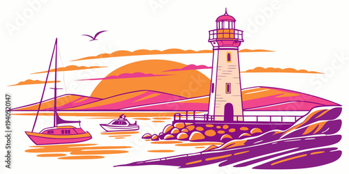 Vibrant illustration of a serene harbor lighthouse glowing in warm sunset tones with sailboats and seagulls.
