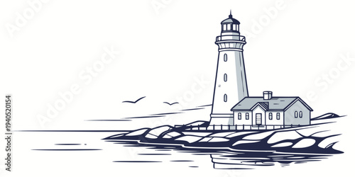 Illustration of a serene coastal lighthouse glowing at dusk with reflections on calm water, surrounded by rocks and birds.