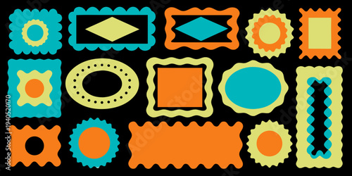 Colorful geometric frames and shapes arranged on a black background