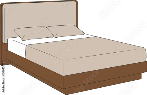Minimal modern platform bed illustration with wooden frame upholstered headboard pillows and mattress contemporary bedroom furniture vector