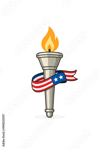Dynamic flat design illustration featuring a classic torch with a burning flame, elegantly wrapped in a patriotic red, white, and blue ribbon, symbolizing triumph and national pride