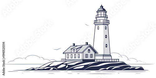 Illustration of a serene harbor lighthouse glowing with reflections on calm water at sunset