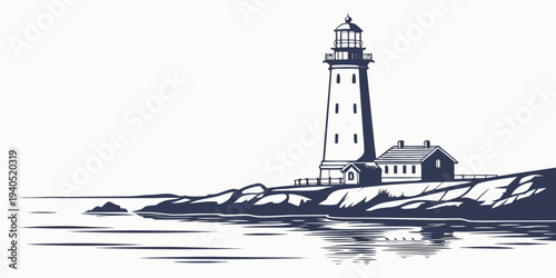 Illustration of a serene harbor lighthouse glowing with reflections on calm water at dusk, coastal scenery