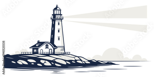 Serene lighthouse illustration with glowing light beam and reflections on calm harbor water, tranquil coastal scene, nautical navigation aid.