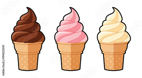 A colorful illustration showcases three soft serve ice cream cones in chocolate strawberry and vanilla silhouette high quality professional detailed modern