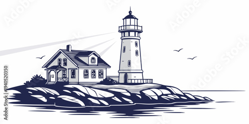 Illustration of a serene coastal lighthouse with glowing light on rocky island, surrounded by water and seagulls.