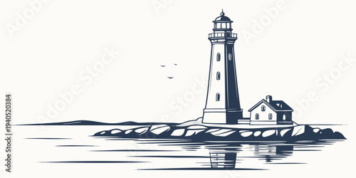 Glowing lighthouse on rocky harbor with reflections on calm water, serene coastal scene at dusk.