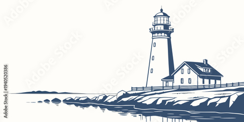 Illustration of a serene coastal lighthouse glowing at dusk with reflections on calm water, surrounded by rocky shoreline.