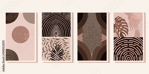 Abstract botanical art prints arranged in a grid formation