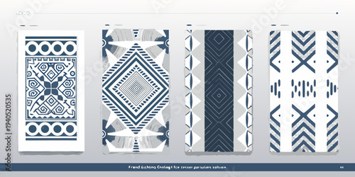 Four rectangular patterns with geometric designs in shades of blue and white