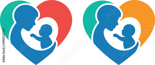 Mother and baby silhouettes within colorful heart shapes, mother s day icon.