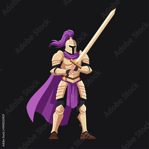 Medieval Knight in Golden Armor with Purple Cape Holding Sword, Fantasy Warrior Character