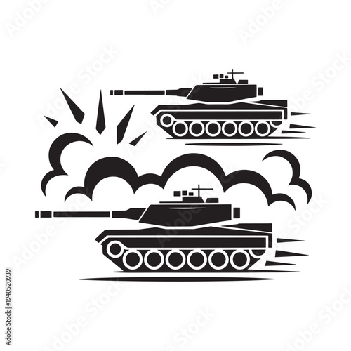 A stylized black and white depiction of naval and land warfare featuring tanks and explosions high quality