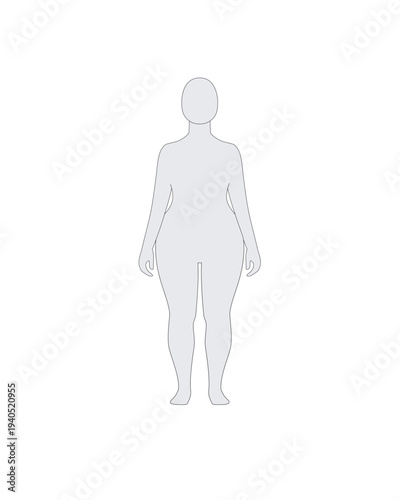 Female plus size body front view. Curvy woman standing. Body positivity vector illustration