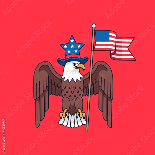 Patriotic Eagle Wearing Uncle Sam Hat Holding American Flag on Red Background