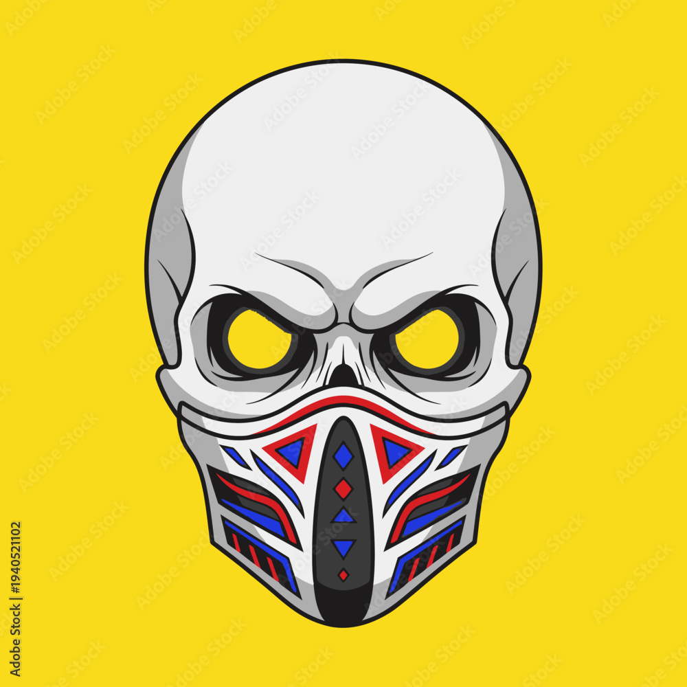 Fototapeta premium Scary Skull with Tribal Mask and Yellow Eyes on Yellow Background - Vector Art