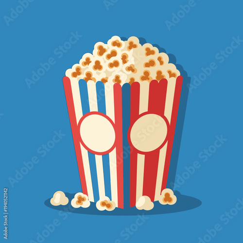 Classic Popcorn Bucket with Scattered Kernels on Blue Background