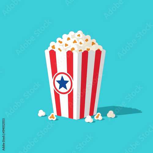 Classic Popcorn Bucket with Star Emblem, Movie Night Snack, Isolated on Blue