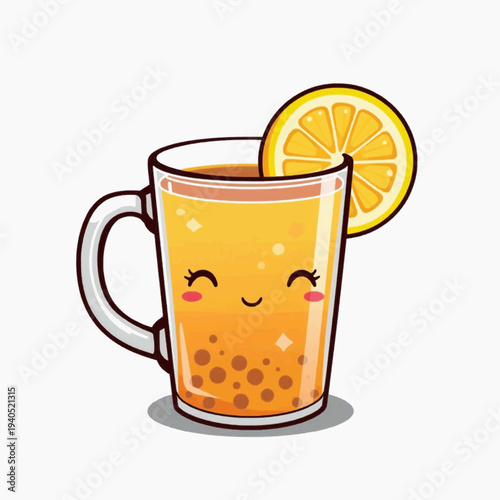 A cartoon illustration of a smiling glass of orange tea with a lemon slice on a white background