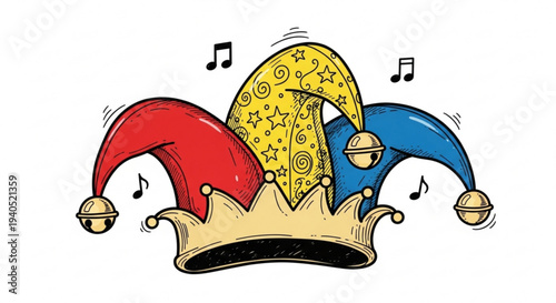 Colorful jester's hat with musical notes symbolizing entertainment and joy in a festive setting with red blue and yellow hues