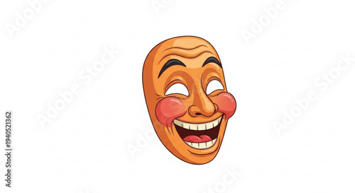A vibrant orange comedy theater mask with exaggerated facial features and a joyful expression on a plain white background
