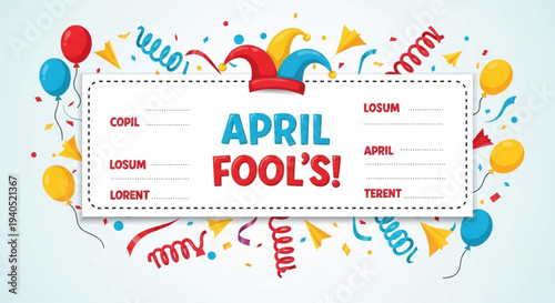 Colorful april fool's day banner with balloons and confetti on light blue background for prank invitations