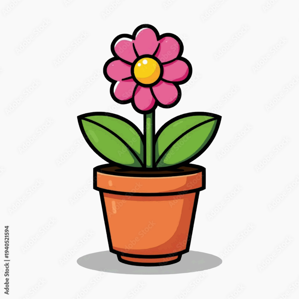 Fototapeta premium A colorful cartoon illustration of a pink flower in a terracotta pot with green leaves on a white background