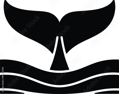Black whale tail vector icon on waves