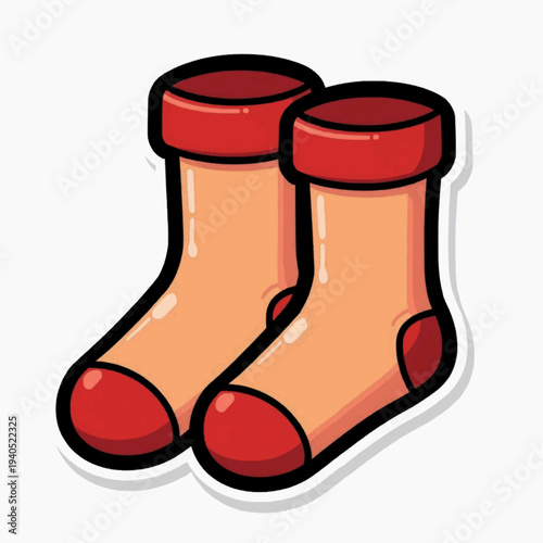 A cartoon illustration of a pair of socks with red toes and cuffs on a white background