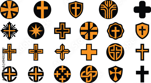 Collection of various cross symbols and shapes in orange and black colors  icons for design and decoration purposes