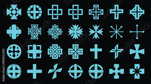 Collection of various cyan geometric shapes and symbols on dark background  abstract designs and icons