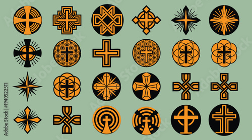 Various religious and geometric cross symbols in orange and black on muted green background  collection of decorative Christian designs
