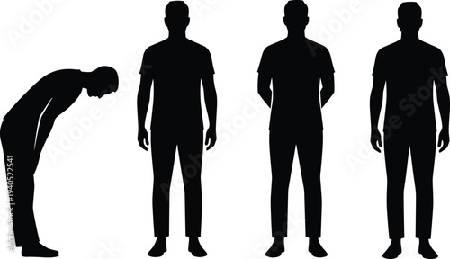 Set of black silhouettes of men walking in side view wearing caps, carrying backpacks, laptop bags, and using mobile phones.