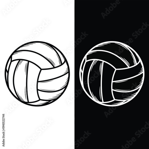 Black and white volleyball illustrations on contrasting backgrounds