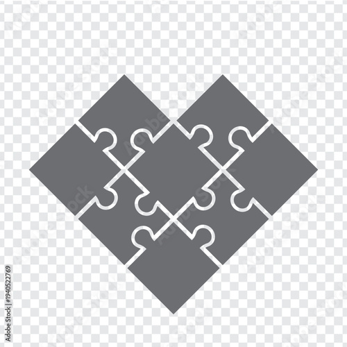 Simple icon puzzles in grey. Simple icon heart puzzle of the eight elements on transparent background for your web site design, app, UI. Stock vector.  EPS10.