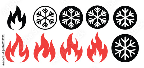 Graphic red fire flame icons and winter snowflake symbols in circular design. Vector illustration set of seasonal elements representing heat and cold, energy and winter, perfect for weather apps, 