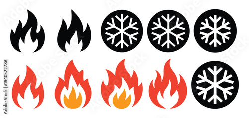 Graphic red fire flame icons and winter snowflake symbols in circular design. Modern circular vector icons combining hot and cold motifs, representing energy, temperature, and seasonal contrast, 