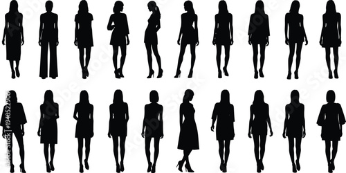 Set of diverse pregnant women silhouettes standing in various poses, vector figures for maternity healthcare and prenatal wellness branding