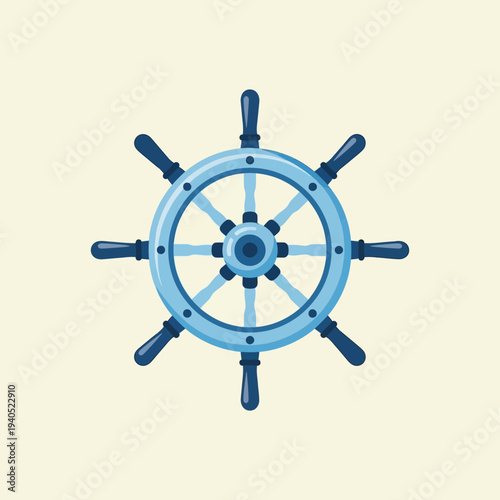Nautical Ship Steering Wheel, Blue Marine Helm, Vector Illustration on Light Background