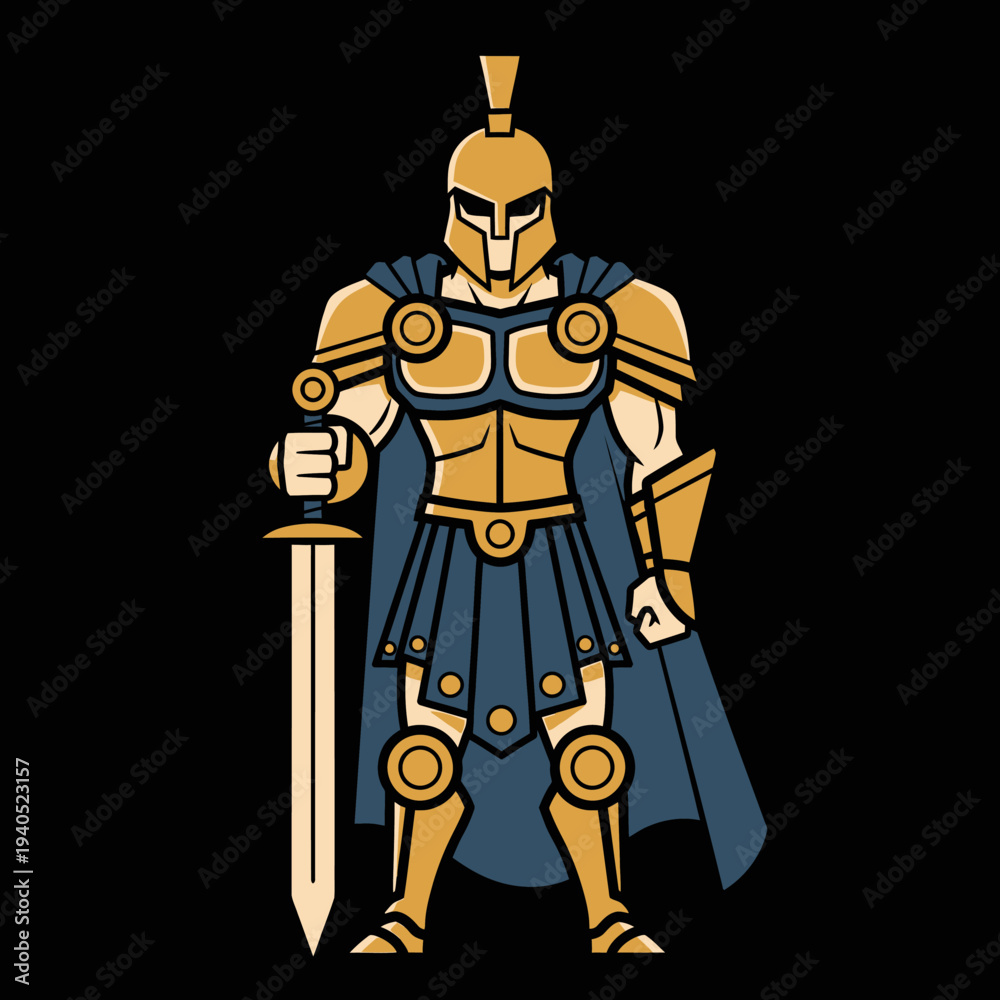 Fototapeta premium Mighty Spartan warrior in golden armor with sword and blue cape, standing strong