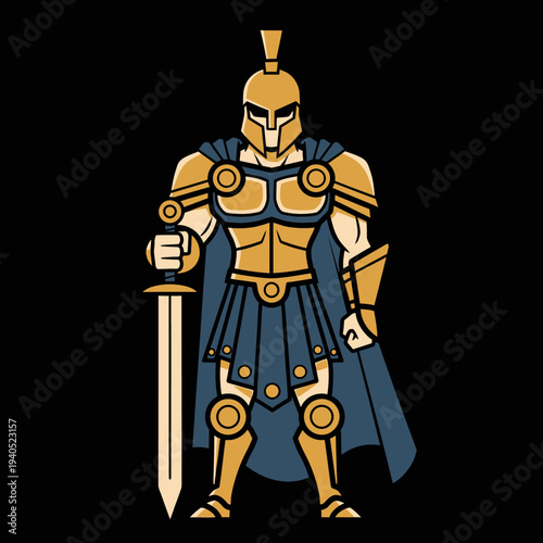 Mighty Spartan warrior in golden armor with sword and blue cape, standing strong