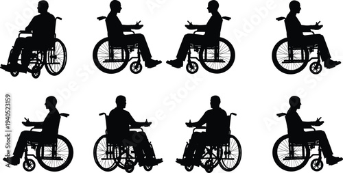 Set of eight male silhouettes in wheelchairs, diverse sitting poses and side views for accessibility healthcare and disability inclusion graphic design